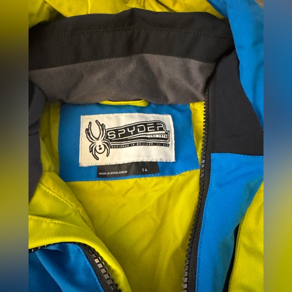 Youth Boys Lime Green/Blue Spyder Ski Jacket w/Removable hood Size 14 - Picture 3 of 6